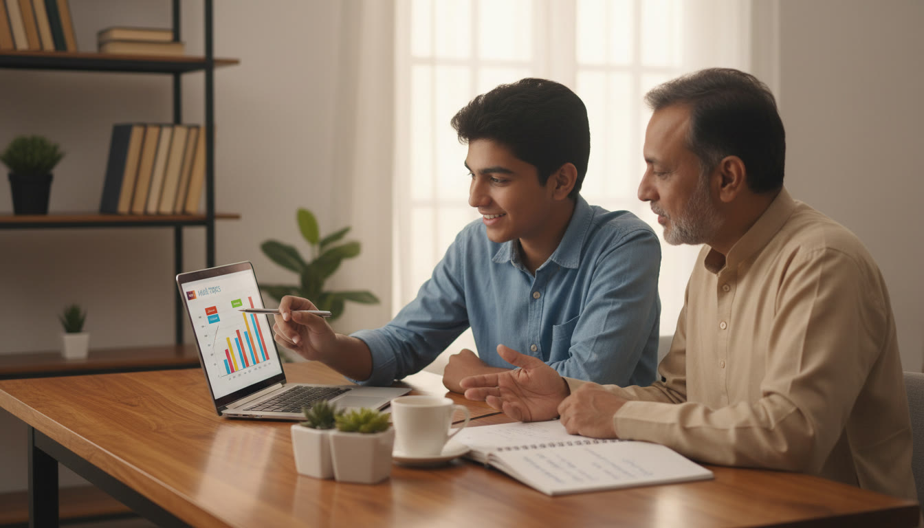 Photo Idea : Student and mentor analyzing a mock test on a laptop, highlighting weak topics and making a revision checklist