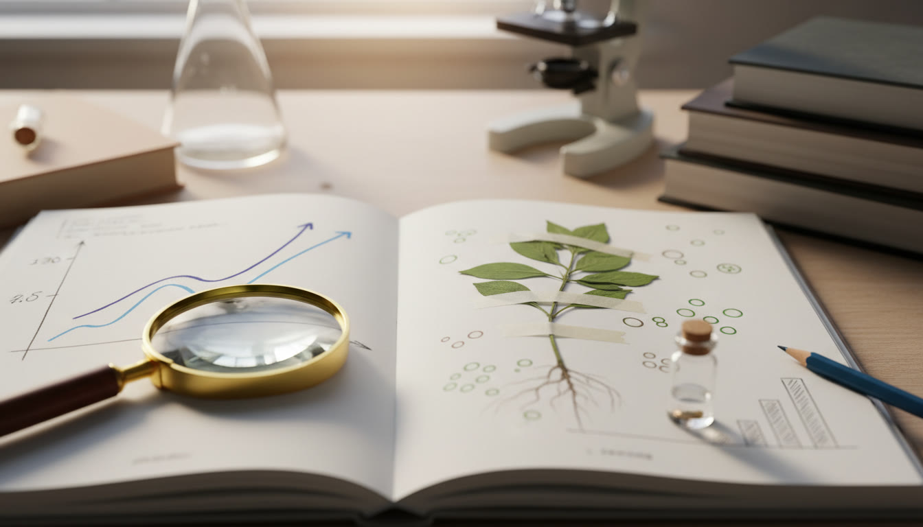 Photo Idea : close-up of lab notebook with plotted data and a small plant sample
