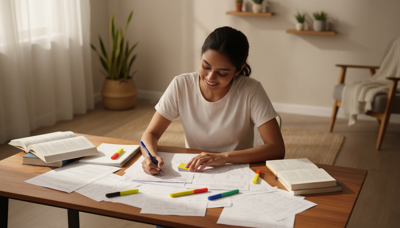 Photo Idea : A focused student at a desk with past test papers and colored pens spread out