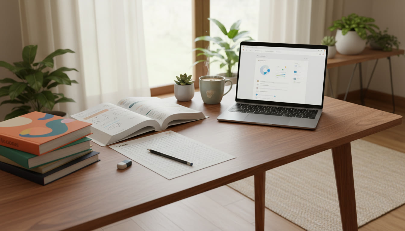 Photo Idea : IB student at a desk with a split view—textbooks and OMR sheet on one side, a laptop showing a university application portal on the other