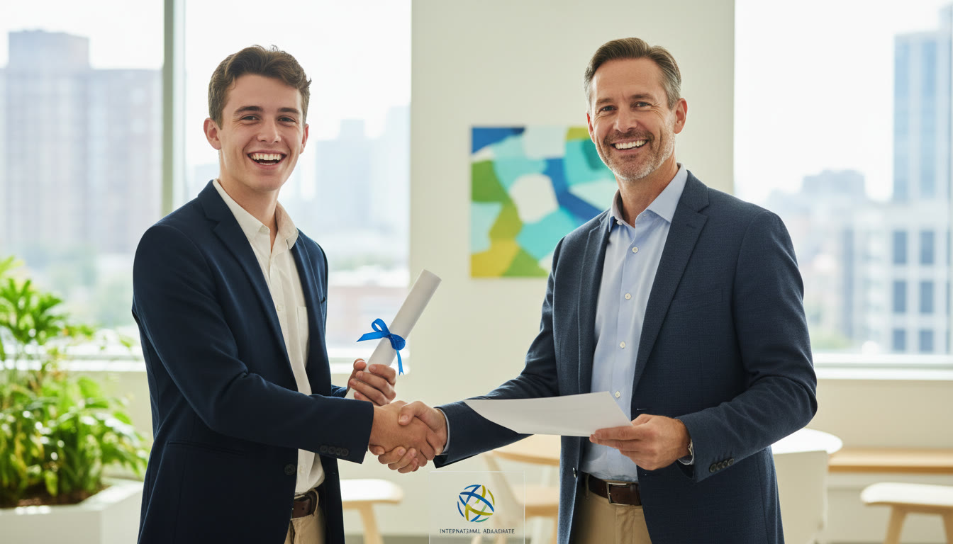 Photo Idea : A student receiving a certificate after completing an internship, shaking hands with a mentor