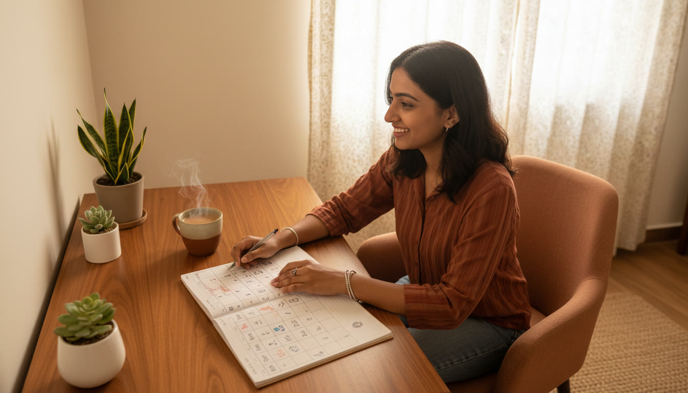 Photo Idea : Student at a bright study desk, open notebook with a neat weekly planner and a cup of tea