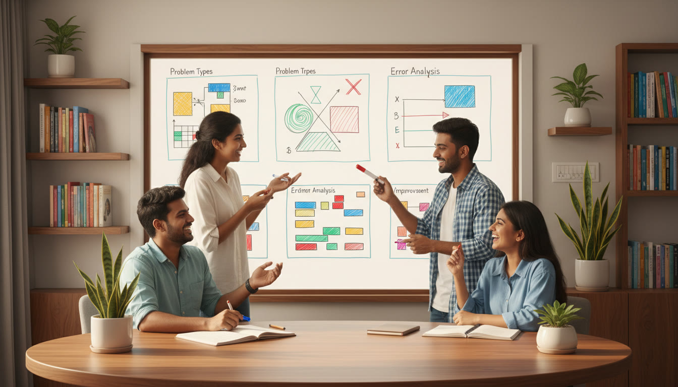 Photo Idea : A small study group around a whiteboard marking problem categories and error logs after reviewing a mock test