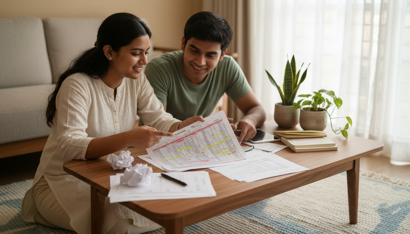 Photo Idea : A tutor and student reviewing a printed error log together, with highlighted notes and problem sheets on a table