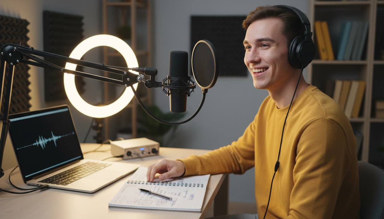 Photo Idea : Student in a small studio recording a podcast with a microphone, notebook, and laptop