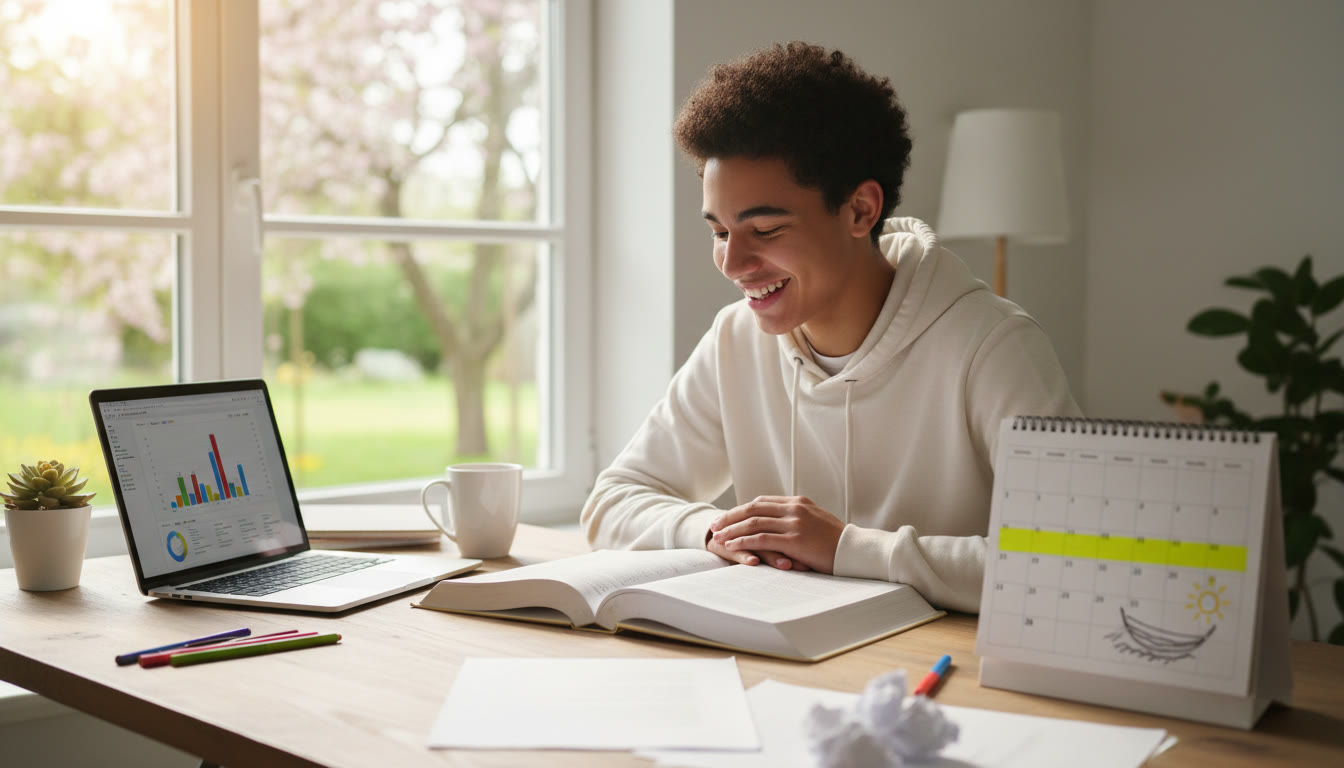 Photo Idea : Student at a desk with open textbook, laptop, and a calendar showing 