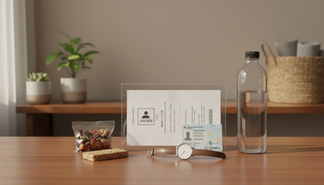 Photo Idea : A tidy exam-day kit laid out: admit card, ID, watch, transparent water bottle, and a light snack