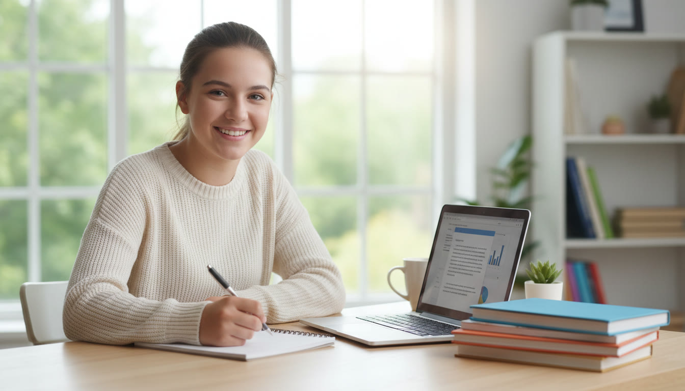 Photo Idea : Student writing in a notebook with IB textbooks and a laptop open to a draft essay
