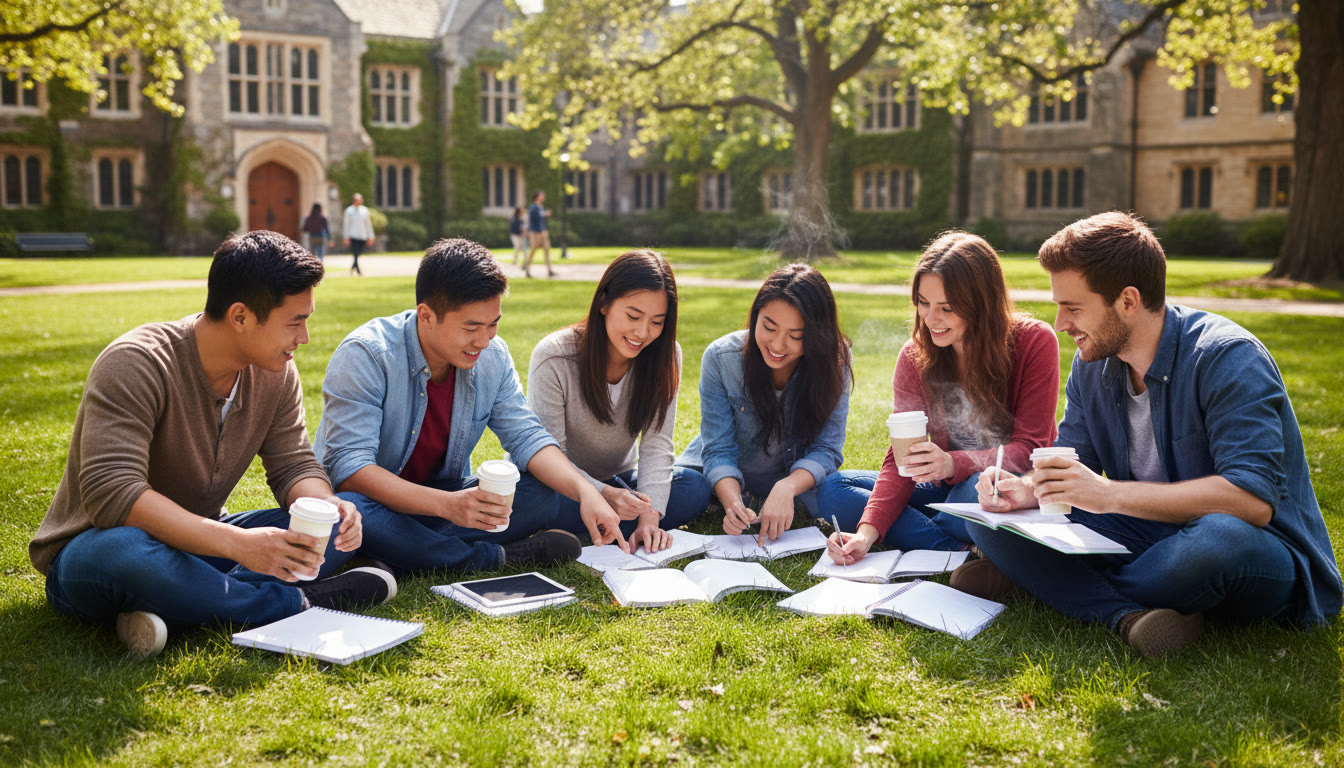 Photo Idea : A diverse group of IB students studying together on a green quad with notebooks and coffee