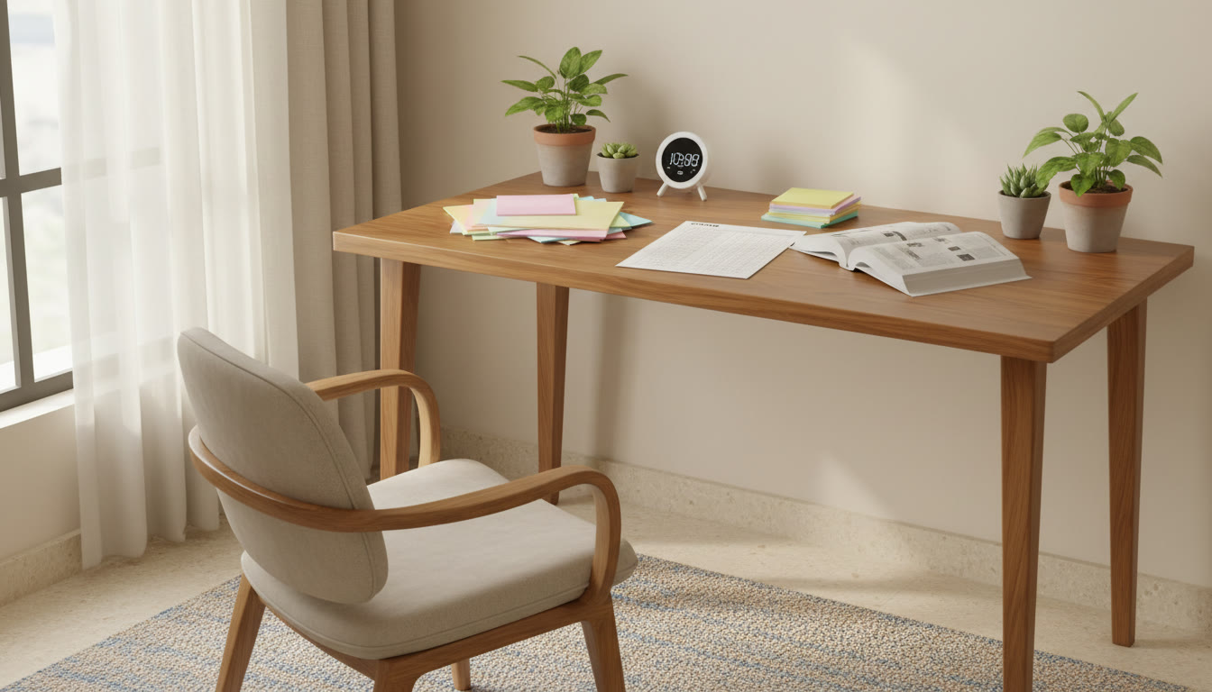 Photo Idea : A tidy study desk with color-coded notes, a timer, and a closed OMR sheet beside a textbook