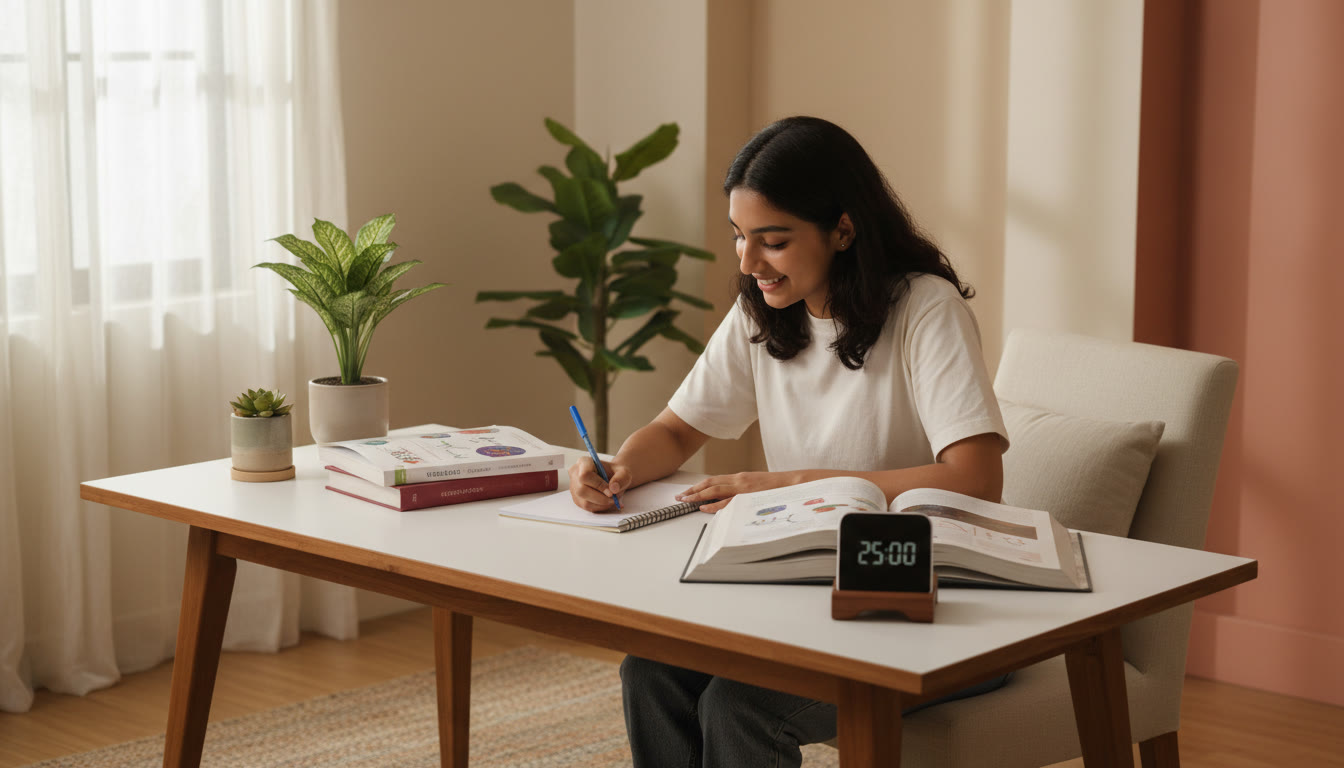 Photo Idea : A student writing notes at a tidy desk with open science textbooks and a timer