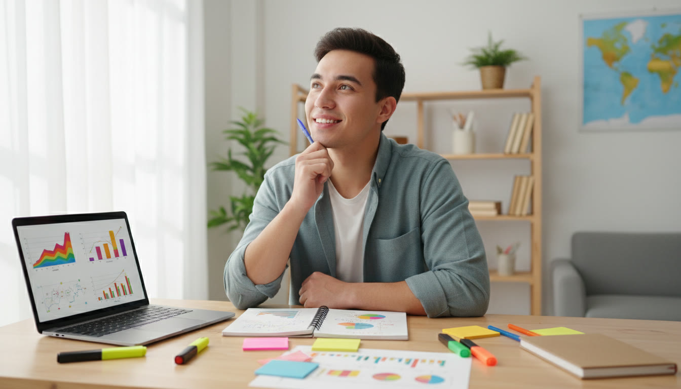Photo Idea : Student at a desk with laptop, notebook, and colored sticky notes, looking thoughtful