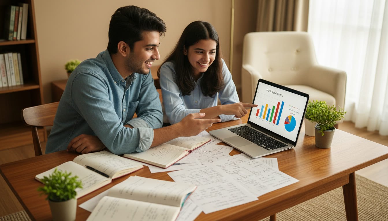 Photo Idea : Tutor and student reviewing mock test analytics on a laptop, with notes and formula sheets spread