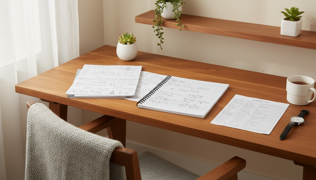 Photo Idea : A neat spread of revision notes, a compact formula sheet, and a wristwatch showing exam-time preparation