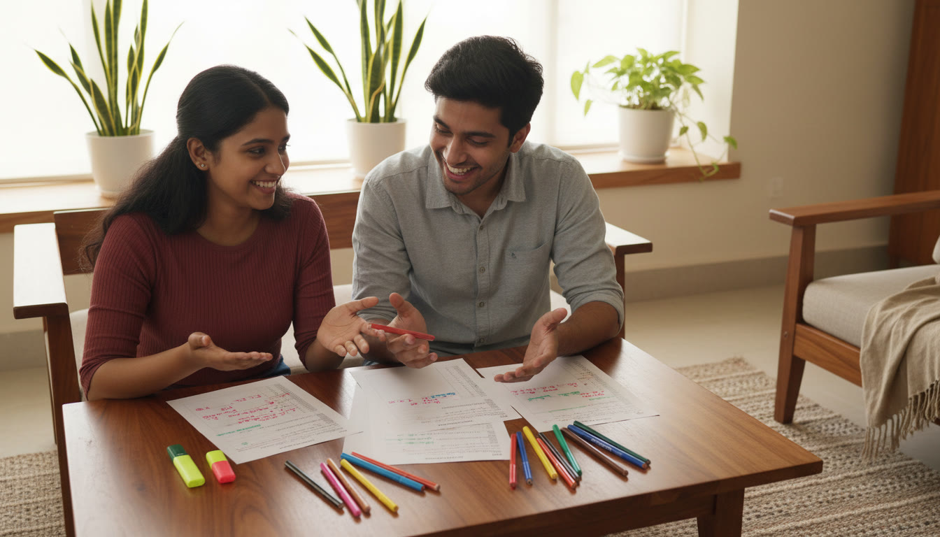 Photo Idea : Two students reviewing a mock test on a table with coloured pens and correction notes.