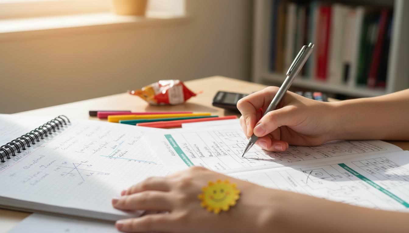 Photo Idea : A close-up of a student’s hands annotating calculus notes and a physics lab notebook side-by-side
