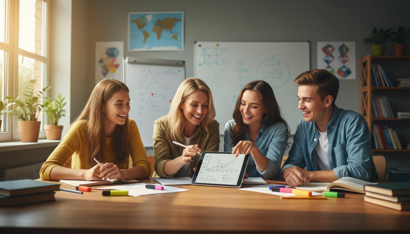 Photo Idea : A small group of students in a bright classroom with a tutor reviewing a past-paper answer on a tablet