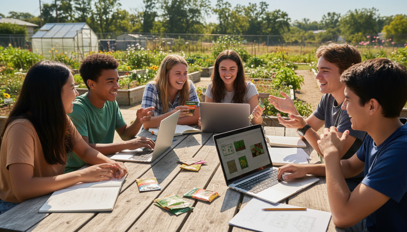 Photo Idea : Students planning a community garden CAS project with laptops, seed packets and notebooks