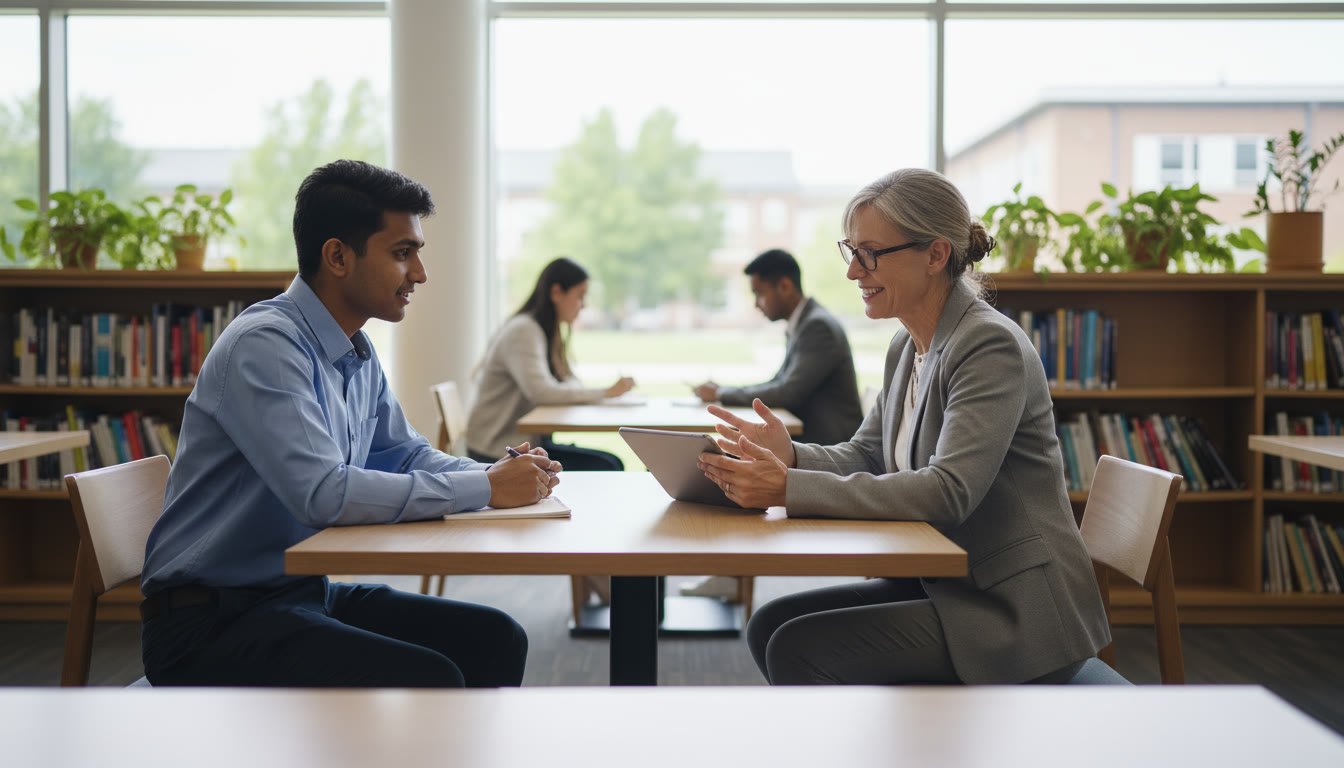 Photo Idea : Student receiving constructive feedback from a mentor during a mock interview session