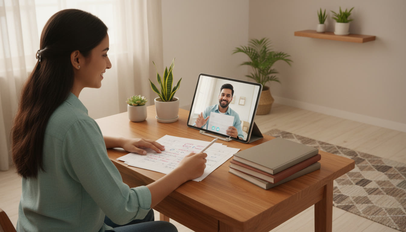 Photo Idea : Student reviewing a mock test with a tutor over video call and annotated answer sheet