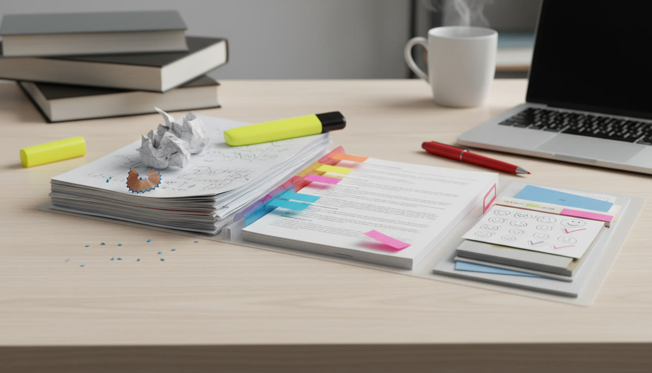 Photo Idea : Close-up of a tidy evidence folder with labelled sections: mocks, IA feedback, teacher comments, and a highlighter