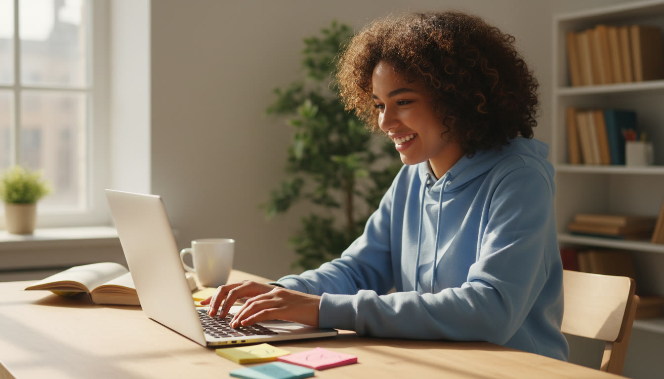 Photo Idea : Student at a desk writing a concise two-sentence personal statement on a laptop with sticky notes