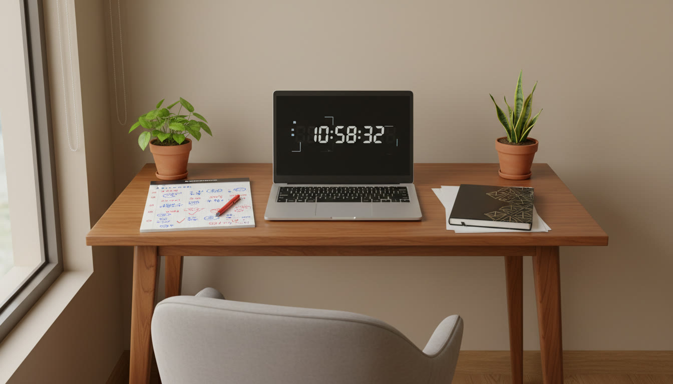 Photo Idea : A mock test setup with a laptop showing a timer, a marked answer sheet, and a closed error-log notebook
