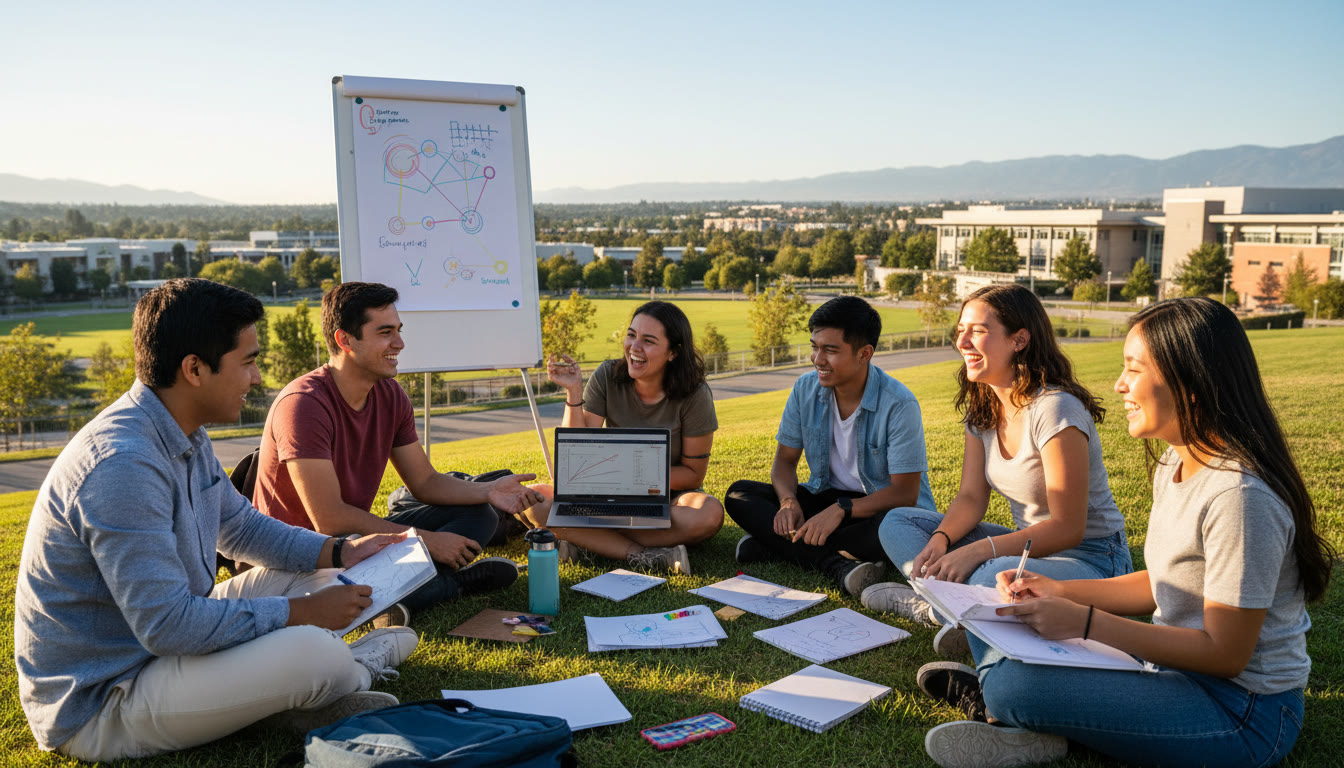 Photo Idea : A diverse group of IB students collaborating on a CAS project outdoors, notebooks and laptops visible