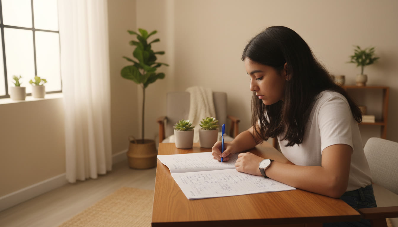 Photo Idea : A student focused during a timed mock test in a quiet room with a watch and answer sheet
