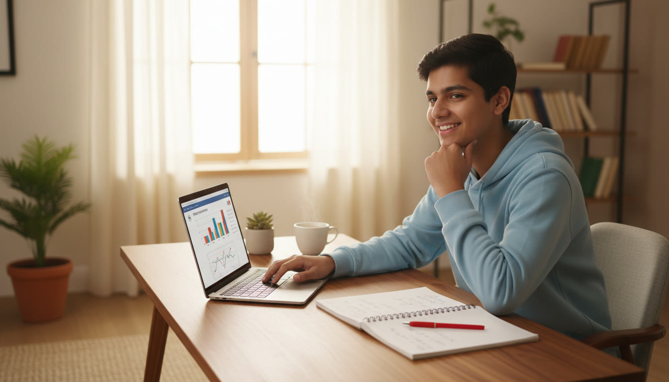 Photo Idea : a student reviewing answers on a laptop after a timed mock test, with a notebook of errors beside it