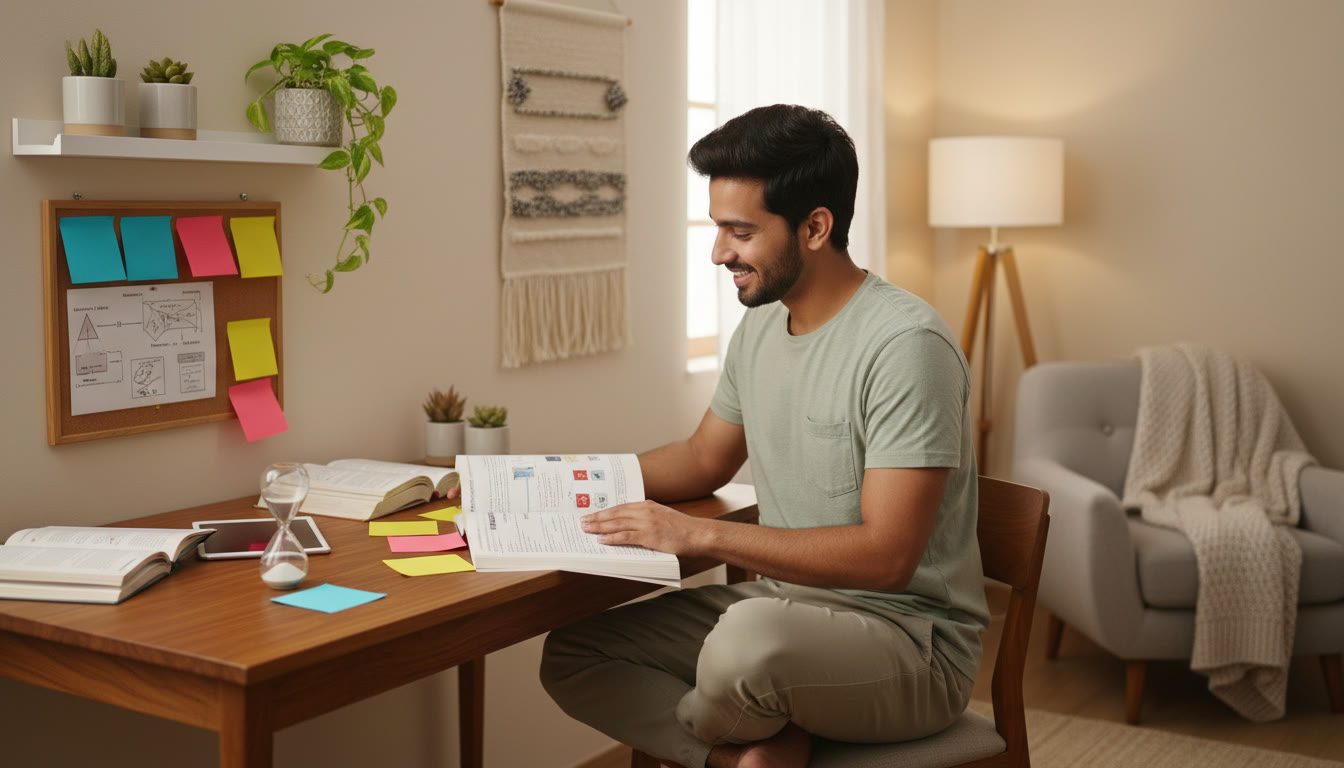 Photo Idea : A focused student at a desk with color-coded notes, a timer, and open textbooks