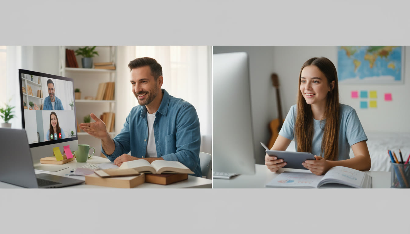 Photo Idea : A tutor and student in a virtual session practicing a Spanish oral exam with notes