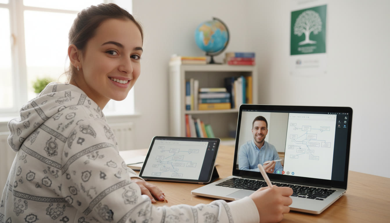 Photo Idea : Student in a video tutoring session with a tutor pointing at a shared digital notebook