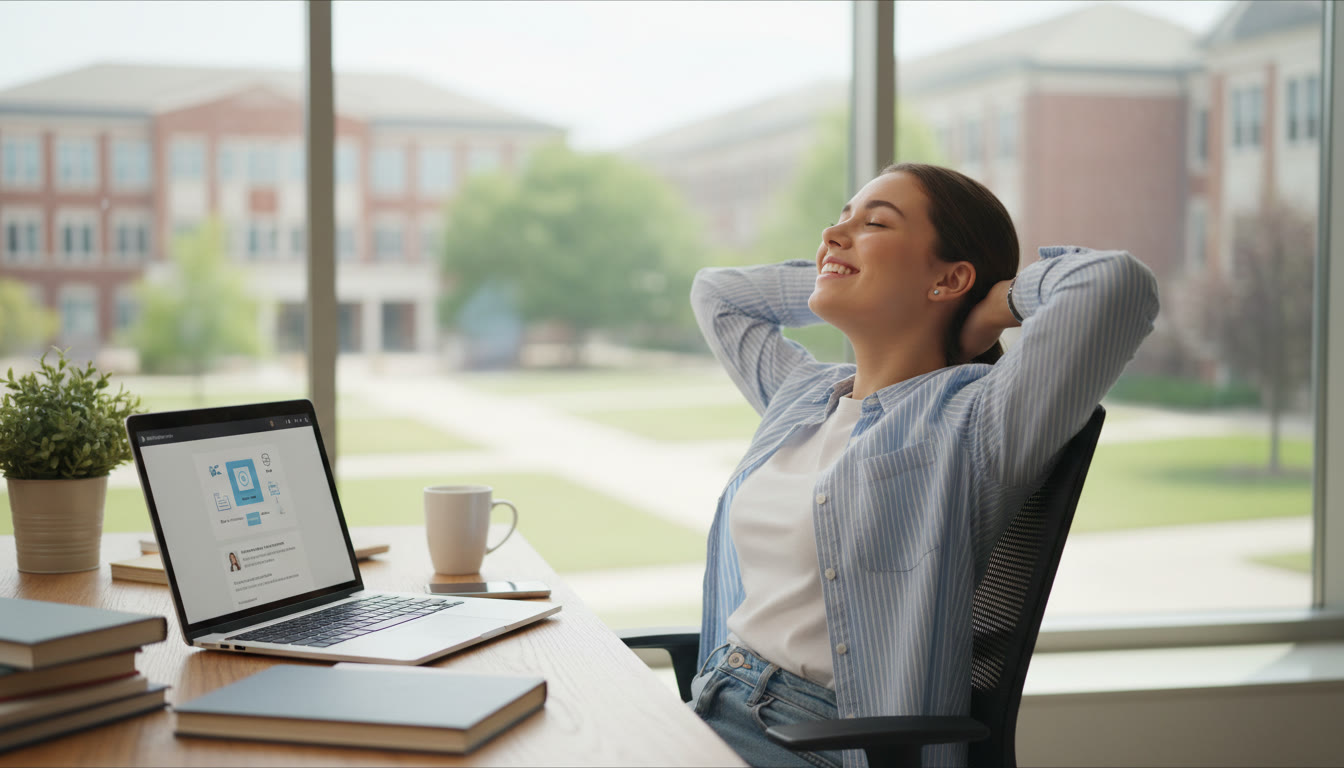 Photo Idea : Student exhaling with hands behind head beside a laptop showing a submitted application