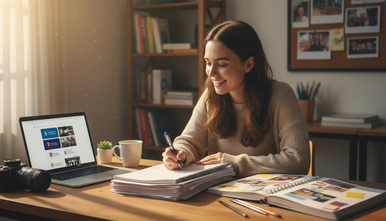 Photo Idea : A focused IB student at a desk surrounded by an EE draft, a laptop with university webpages, and CAS scrapbook pages