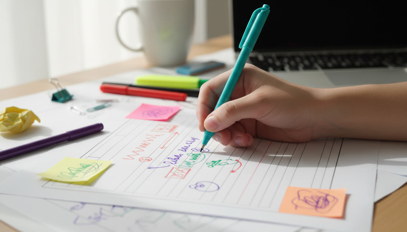Photo Idea : Close-up of a student’s hand annotating a printed draft with colored pens and sticky notes