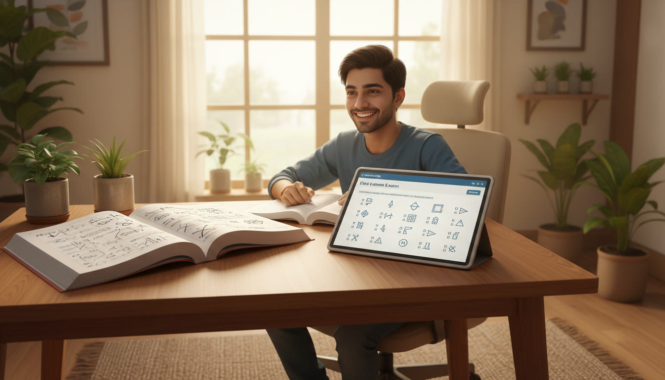 Photo Idea : A student sitting at a wooden desk with two open books: one a thick Cambridge A-Level Physics textbook with complex diagrams, and the other a sleek tablet showing an objective-type practice test for an Indian entrance exam.
