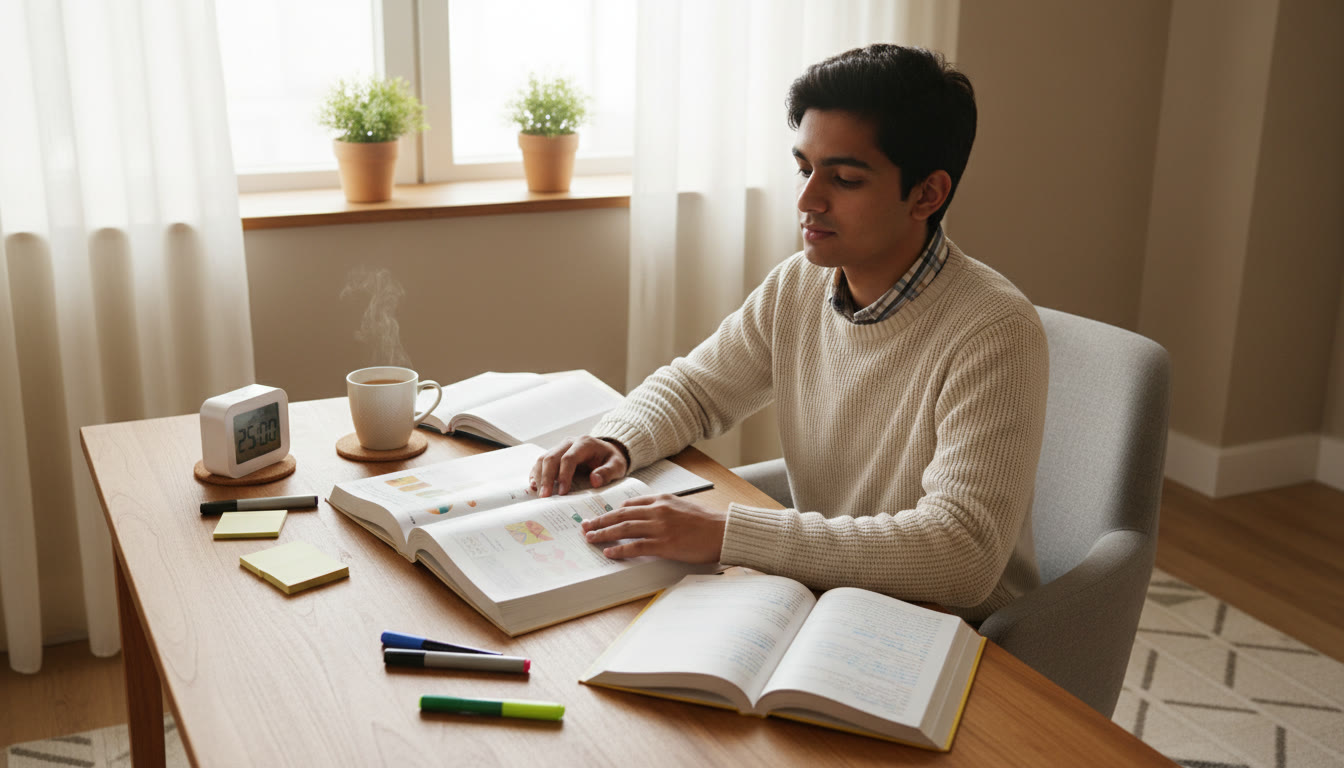 Photo Idea : Focused student at a tidy desk with open science books, color notes, and a timer