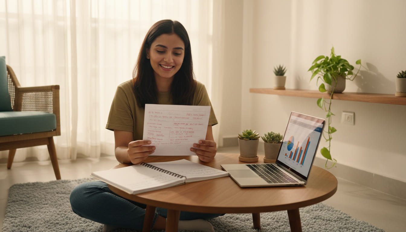 Photo Idea : Student reviewing a marked mock test with a notebook labeled 