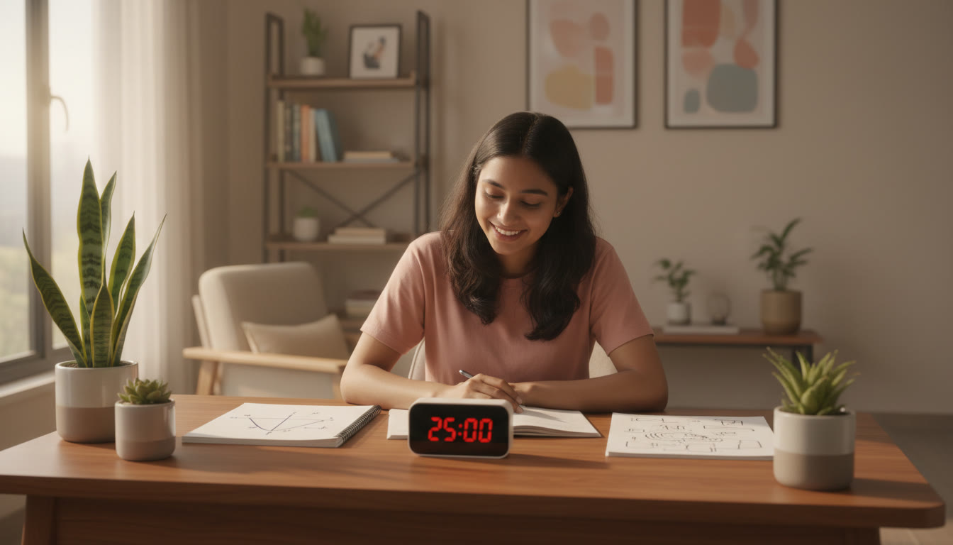 Photo Idea : Student at a tidy study desk with open notebooks, a physics diagram on paper, and a digital timer running.