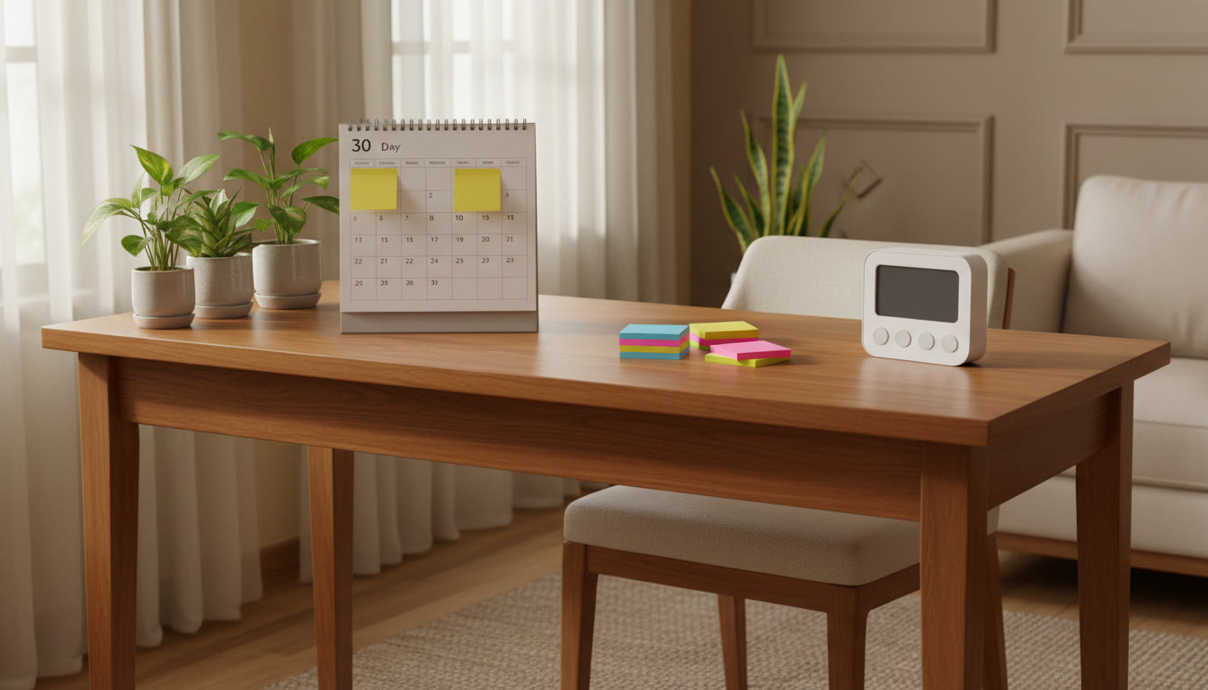 Photo Idea : A neat study desk with a 30-day calendar, colourful sticky notes and a timer
