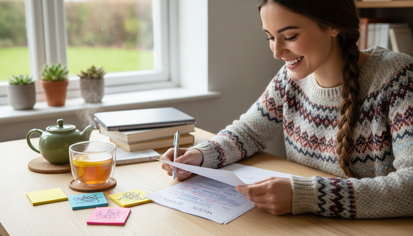 Photo Idea : Student at desk reviewing a marked mock exam with colorful notes and a calm cup of tea