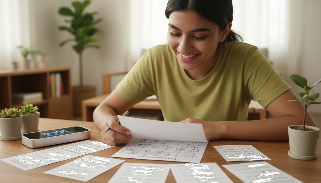 Photo Idea : Close-up of a student reviewing a one-page revision sheet with a timer and scattered MCQ cards