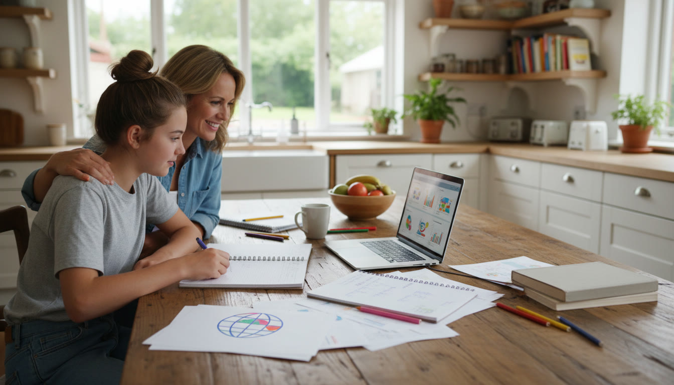 Photo Idea : Parent and student studying together at a kitchen table with notebooks and a laptop