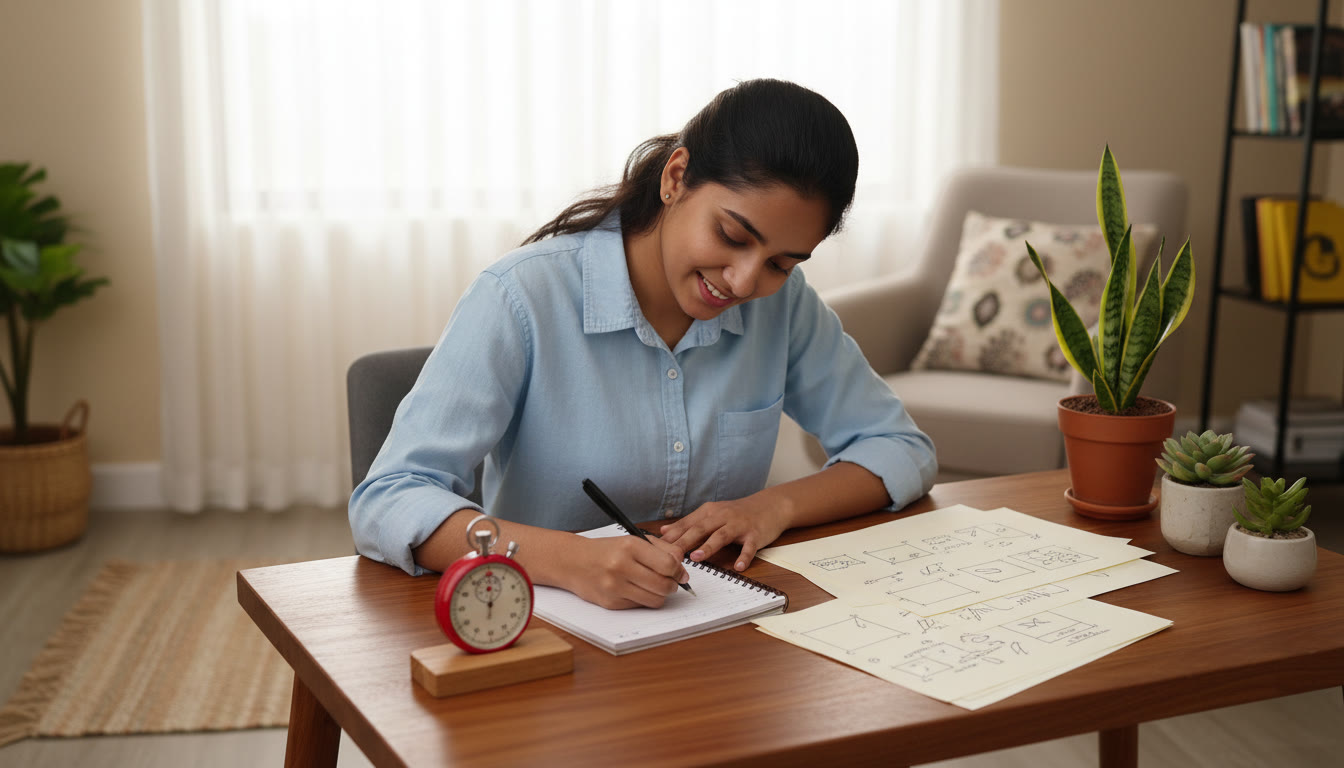 Photo Idea : Student writing long-form answers at a desk with a stopwatch and annotated notes nearby