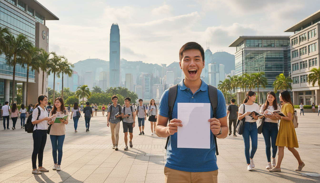 Photo Idea : A smiling IB student holding an acceptance letter on a bustling Hong Kong university campus, skyline in background