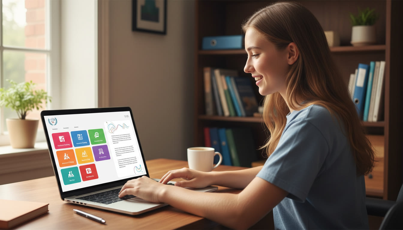 Photo Idea : A focused IB DP student arranging a neat activities list on a laptop with CAS reflections open