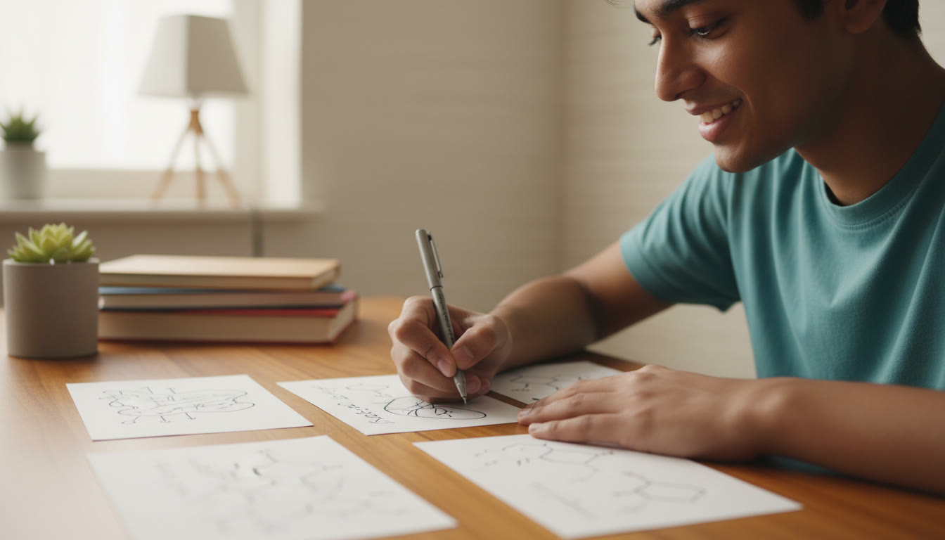 Photo Idea : close-up of a student sketching labeled science diagrams and formulas on revision cards