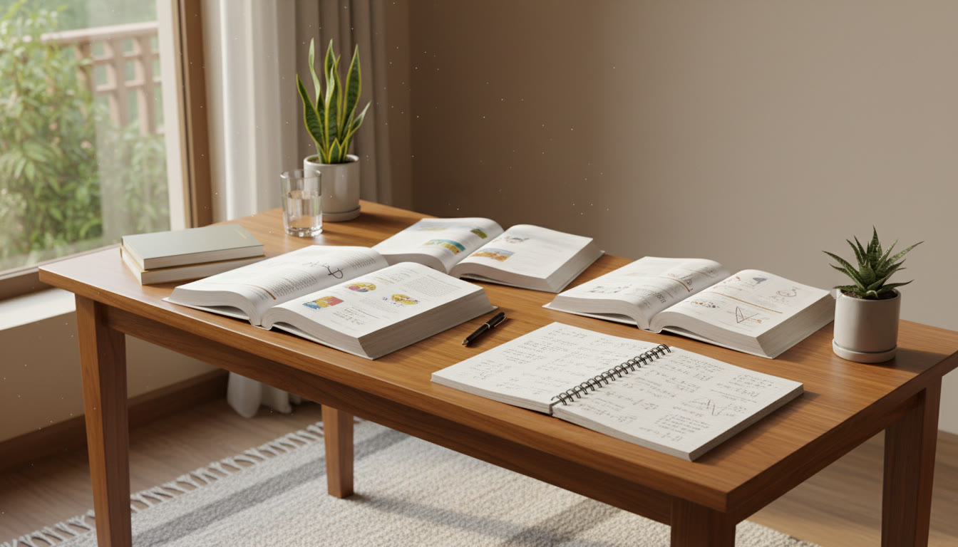 Photo Idea : A calm study desk with open Physics, Chemistry, and Biology books, a notebook with neat notes, and natural window light