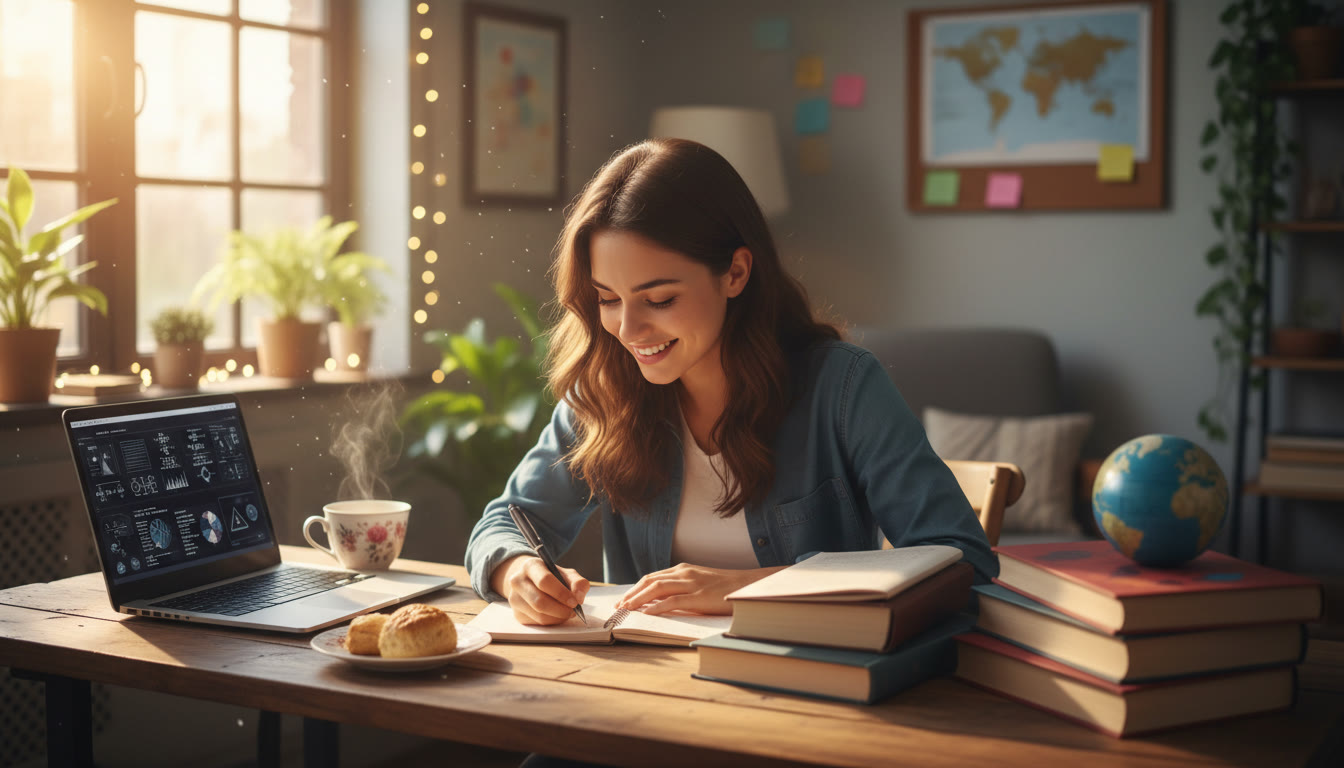 Photo Idea : a focused IB student writing an essay at a desk with textbooks, a laptop, and a cup of tea